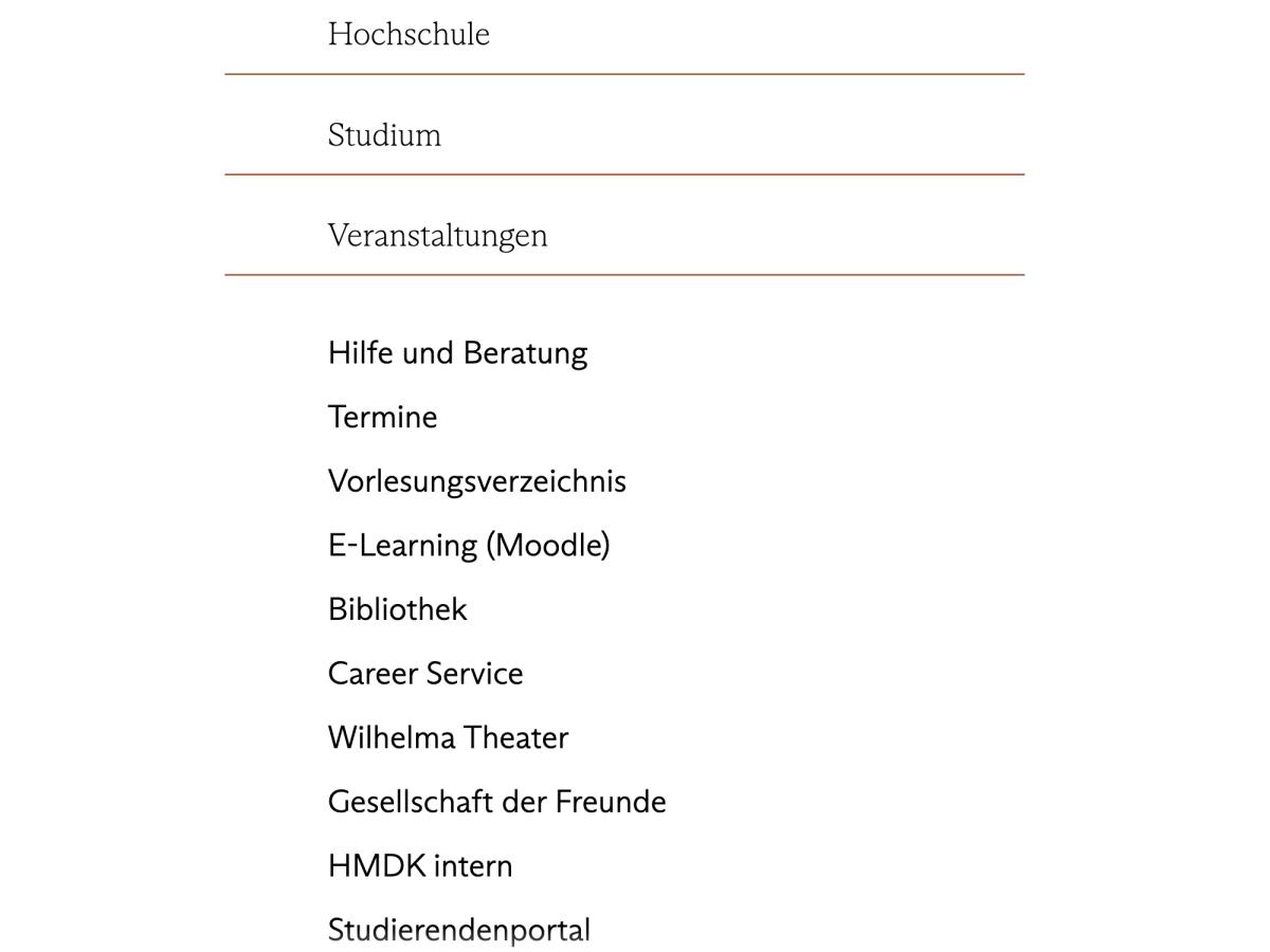Ansicht des Menüs der Website