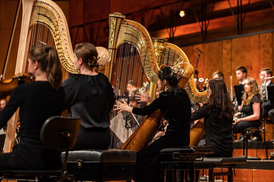Seitenblick auf die vierköpfige Harengruppe beim Konzert des Hochschulsinfonieorchesters in der Liederhalle.